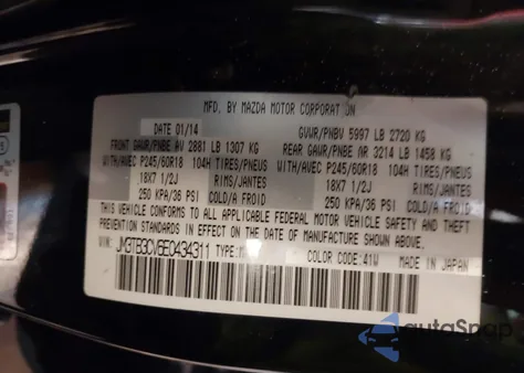 2014 Mazda Cx-9 Touring из США, поврежденный, VIN JM3TB3CV6E0434311